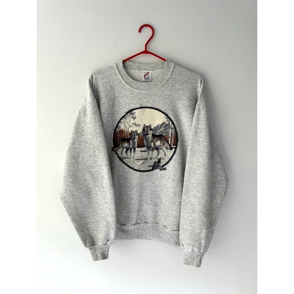 90s vintage grey unisex animal wolf nature graphic crewneck pullover sweater - Picture 9 of 10
